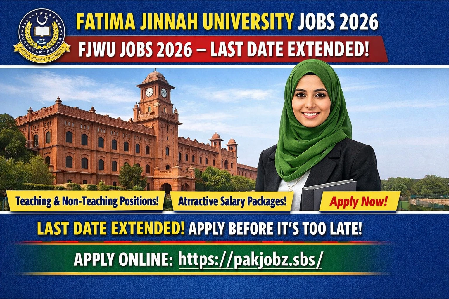 Fatima Jinnah University Jobs 2026 — FJWU Jobs 2026 — Last Date Extended